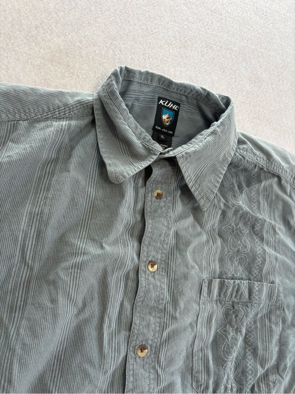 Kuhl Men's Gray Corduroy Button-Down Shirt with Subtle Embroidery